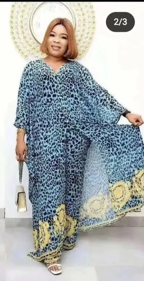 2PC Summer Chic: African Women's V-neck Polyester Printed - Top and Long Pants African Suit