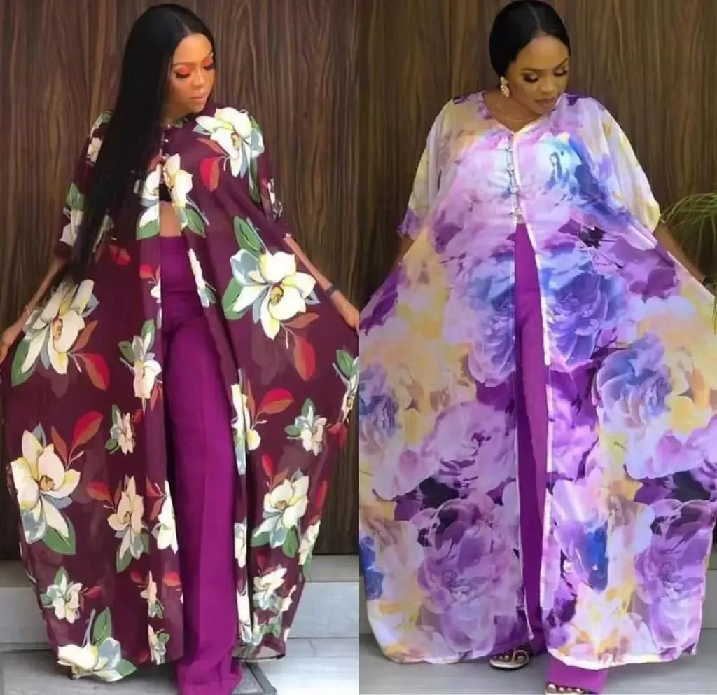 2PC Summer Chic: African Women's V-neck Polyester Printed - Top and Long Pants African Suit