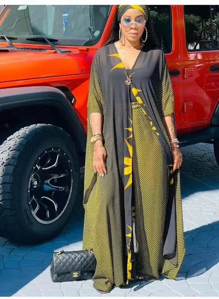 2PC Summer Chic: African Women's V-neck Polyester Printed - Top and Long Pants African Suit