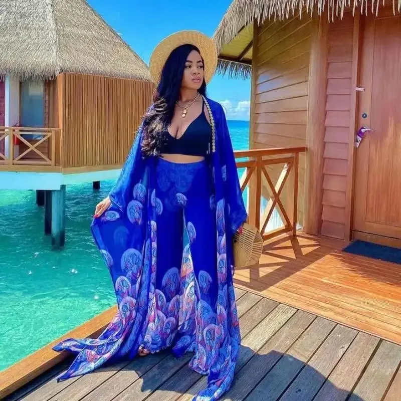 2PC Summer Chic: African Women's V-neck Polyester Printed - Top and Long Pants African Suit