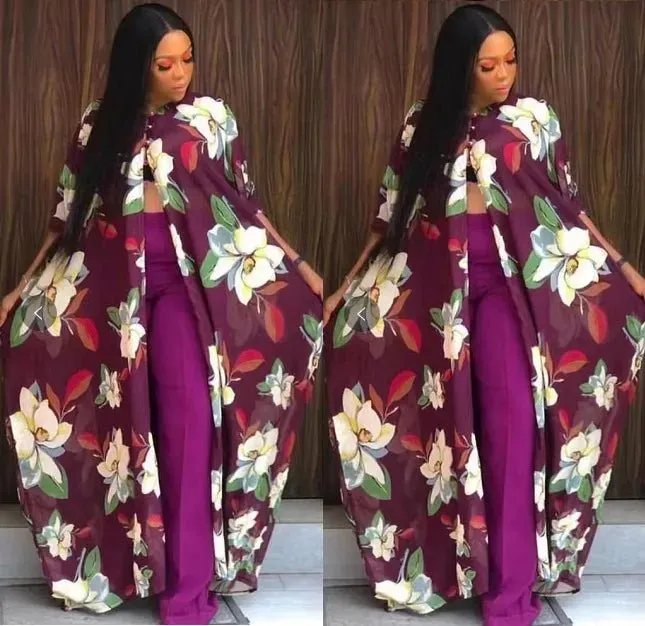 2PC Summer Chic: African Women's V-neck Polyester Printed - Top and Long Pants African Suit