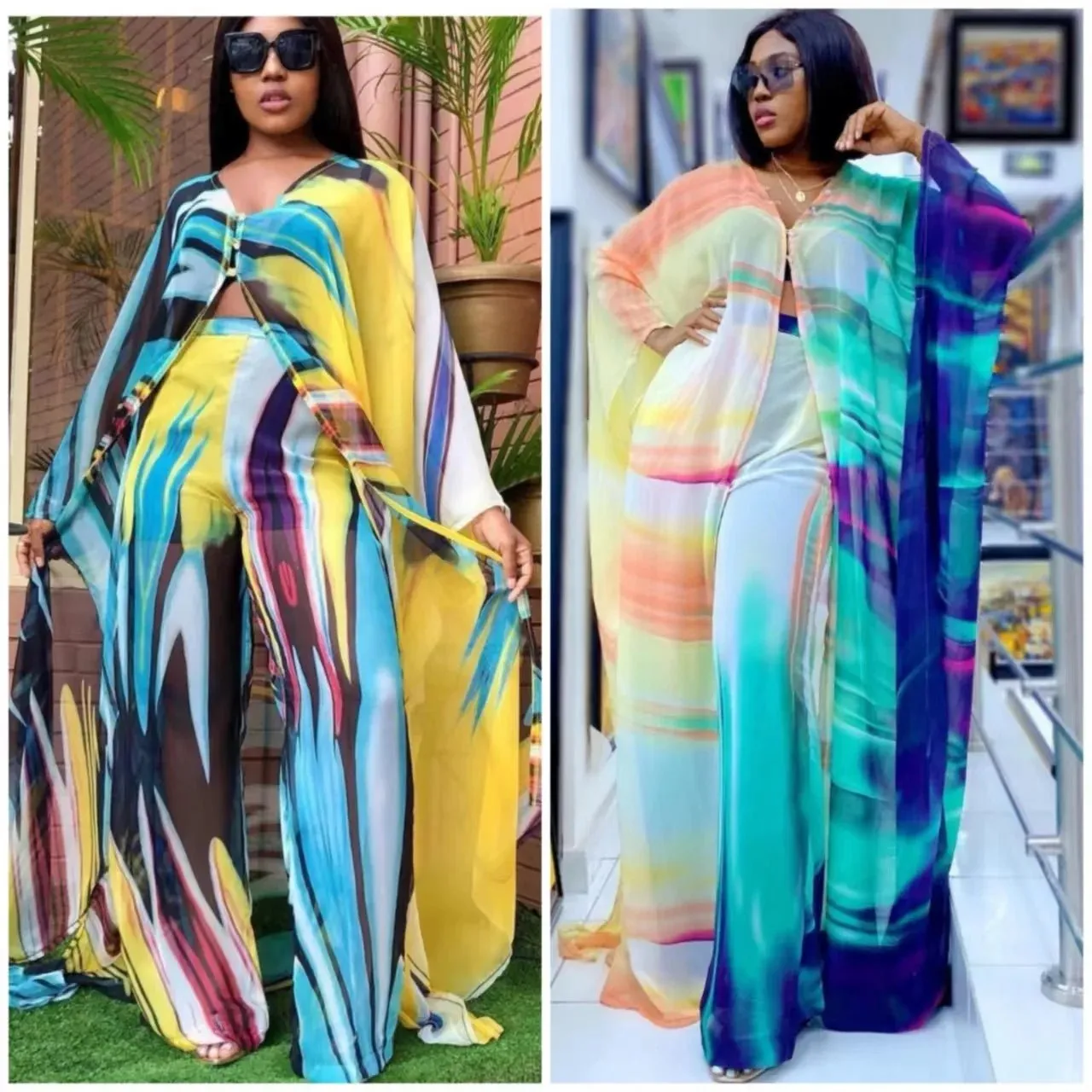 2PC Summer Chic: African Women's V-neck Polyester Printed - Top and Long Pants African Suit