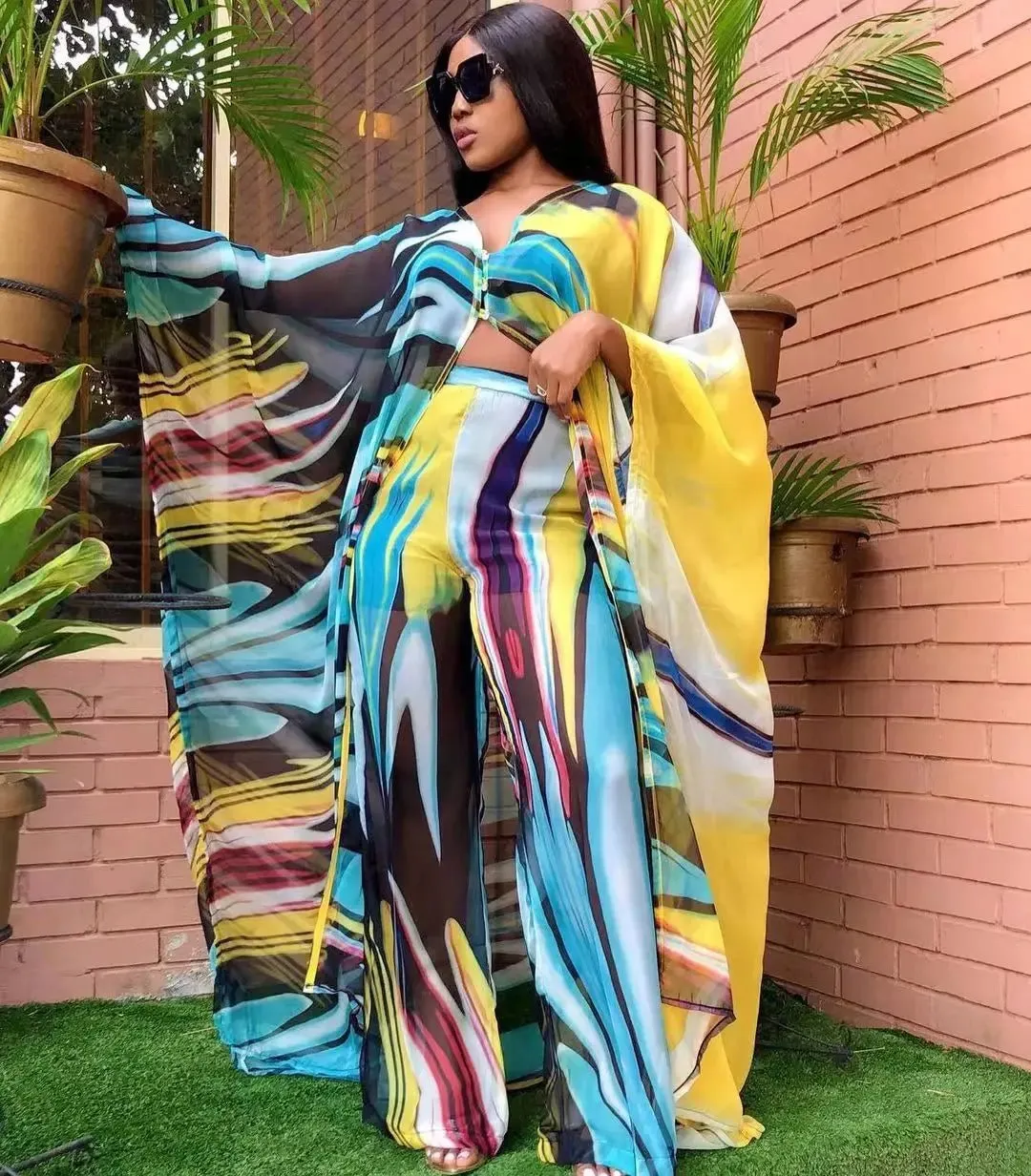 2PC Summer Chic: African Women's V-neck Polyester Printed - Top and Long Pants African Suit