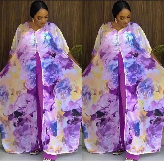 2PC Summer Chic: African Women's V-neck Polyester Printed - Top and Long Pants African Suit
