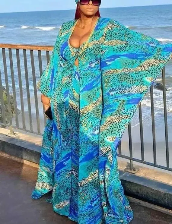 2PC Summer Chic: African Women's V-neck Polyester Printed - Top and Long Pants African Suit