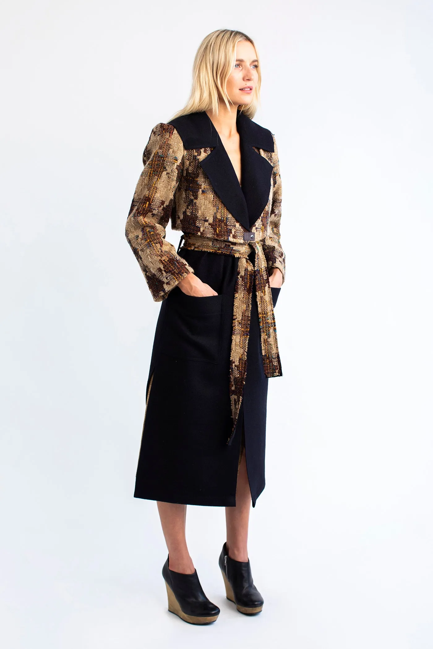 3 in 1 trench coat Magee’s Donegal artisan tweed & contrast black melton raw edge 100% wool