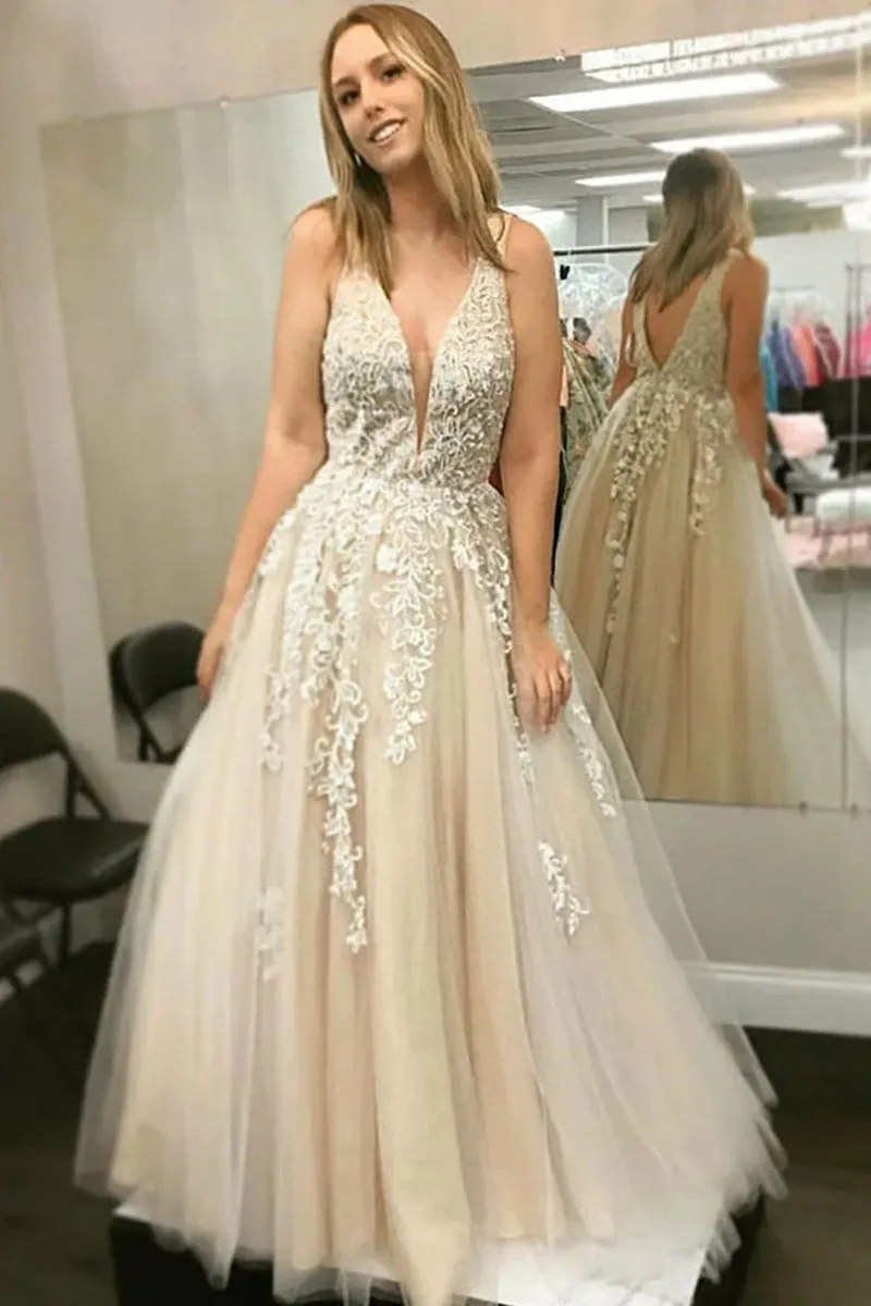 A Line V Neck Champagne Lace Long Prom Dress, Long Champagne Lace Formal Dress, Champagne Evening Dress