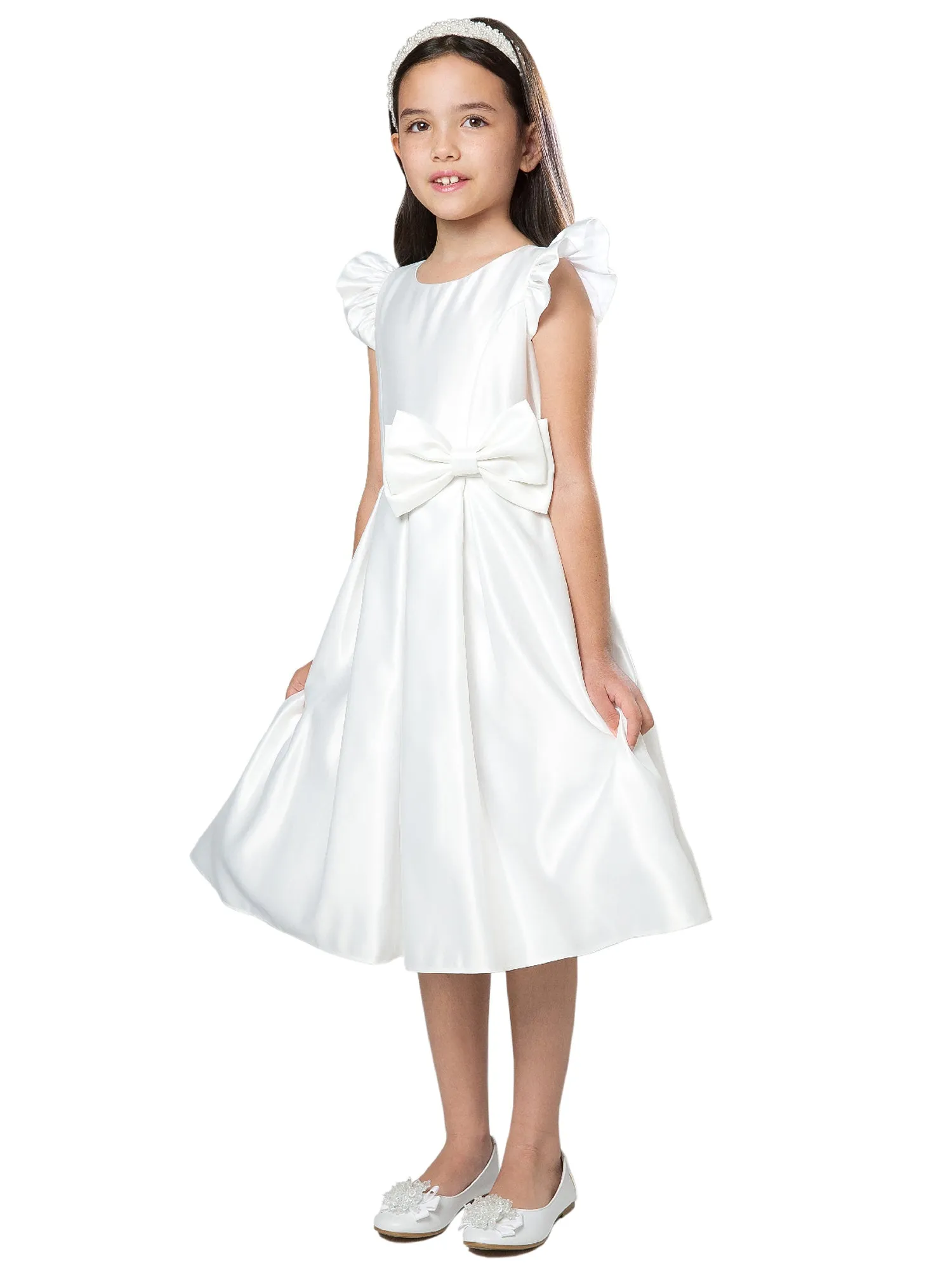 Big Girls White Flutter Sleeve Pleated Skirt Satin Junior Bridesmaid Dress 7-16