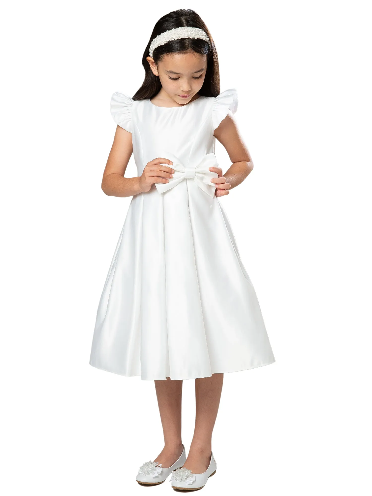 Big Girls White Flutter Sleeve Pleated Skirt Satin Junior Bridesmaid Dress 7-16