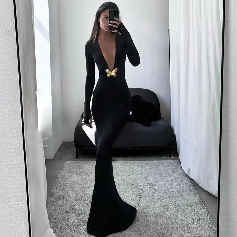 Black Fishtail Dress Dramatic Style with Butterfly