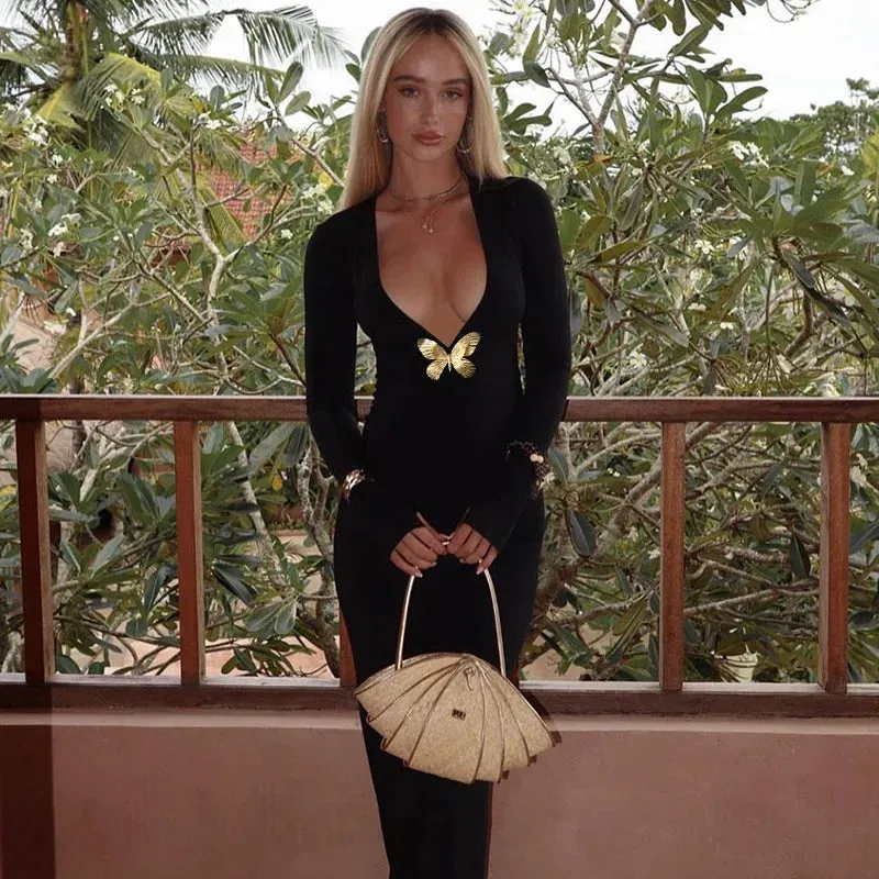 Black Fishtail Dress Dramatic Style with Butterfly