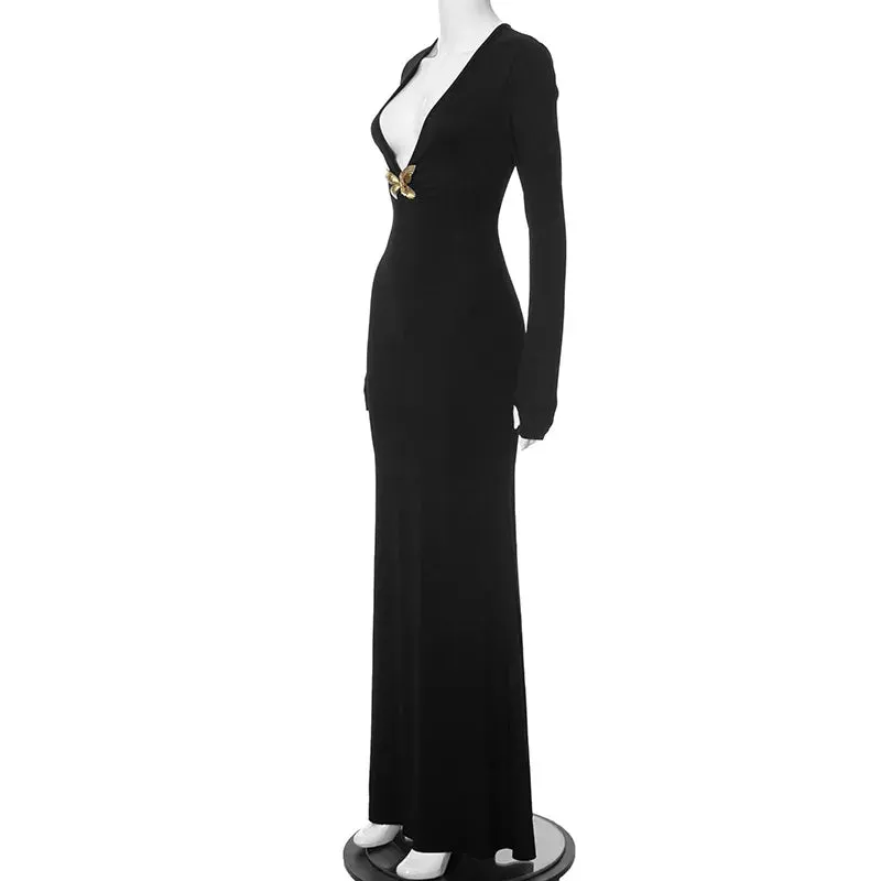 Black Fishtail Dress Dramatic Style with Butterfly