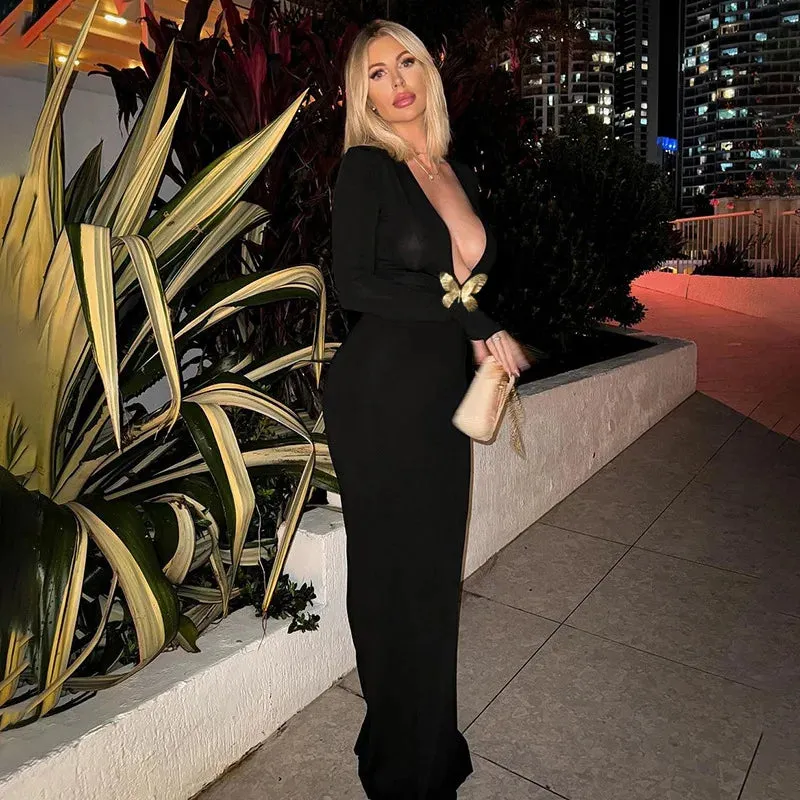 Black Fishtail Dress Dramatic Style with Butterfly