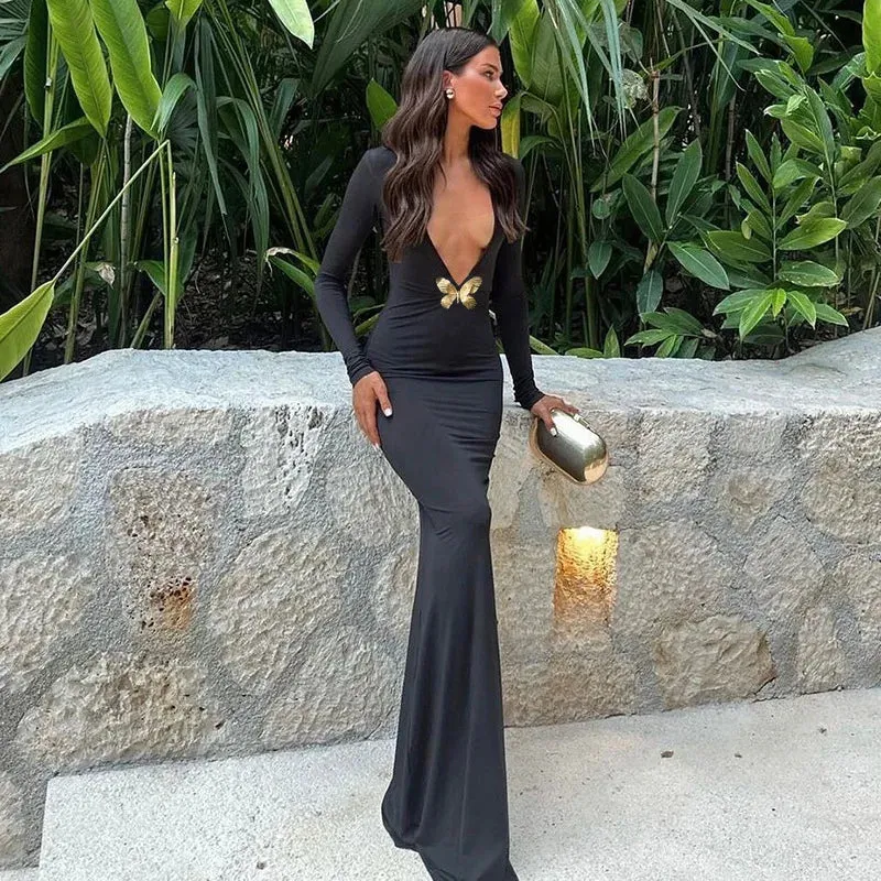 Black Fishtail Dress Dramatic Style with Butterfly