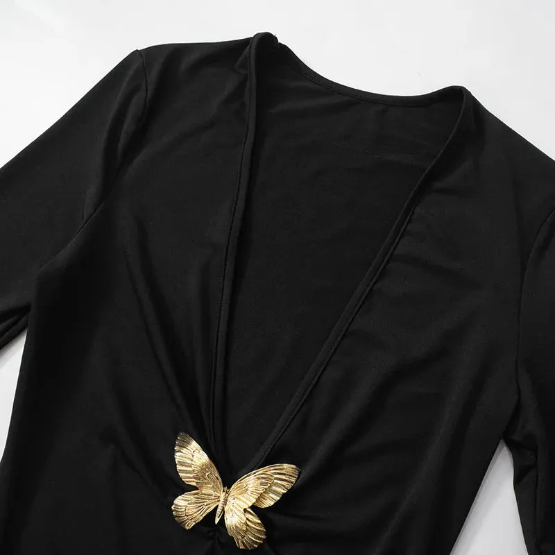 Black Fishtail Dress Dramatic Style with Butterfly