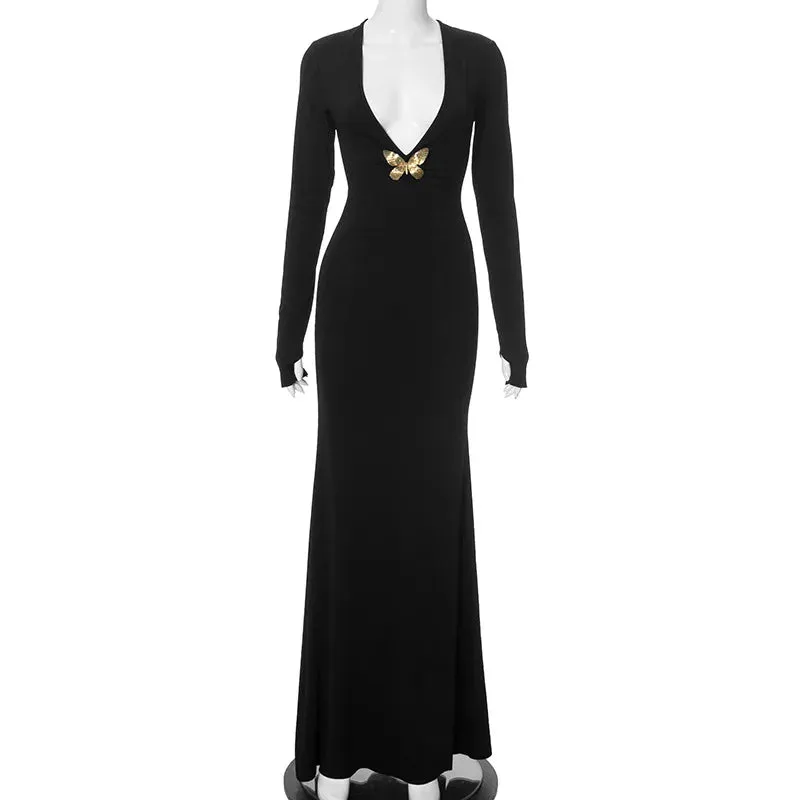 Black Fishtail Dress Dramatic Style with Butterfly