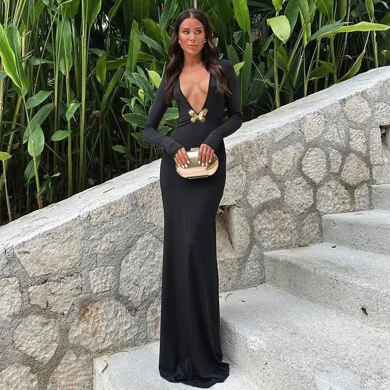 Black Fishtail Dress Dramatic Style with Butterfly