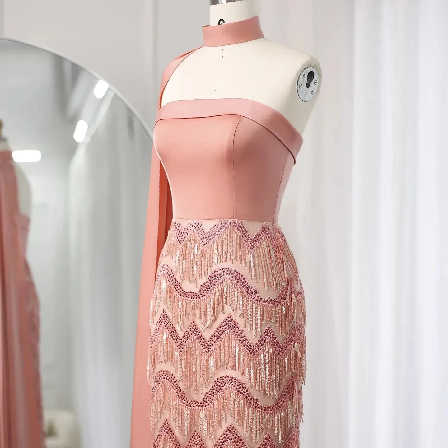 Coral Pink Evening Dress with Tassel Cape