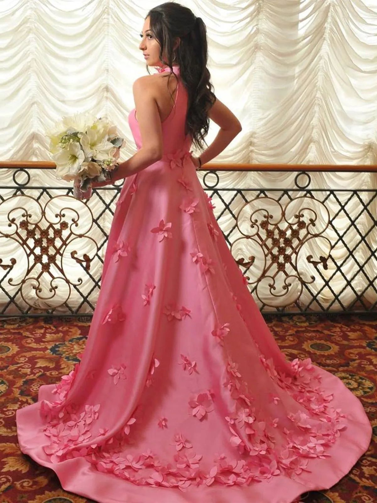Custom Made A Line Pink Satin Floral Long Prom, Long Pink Floral Formal Evening