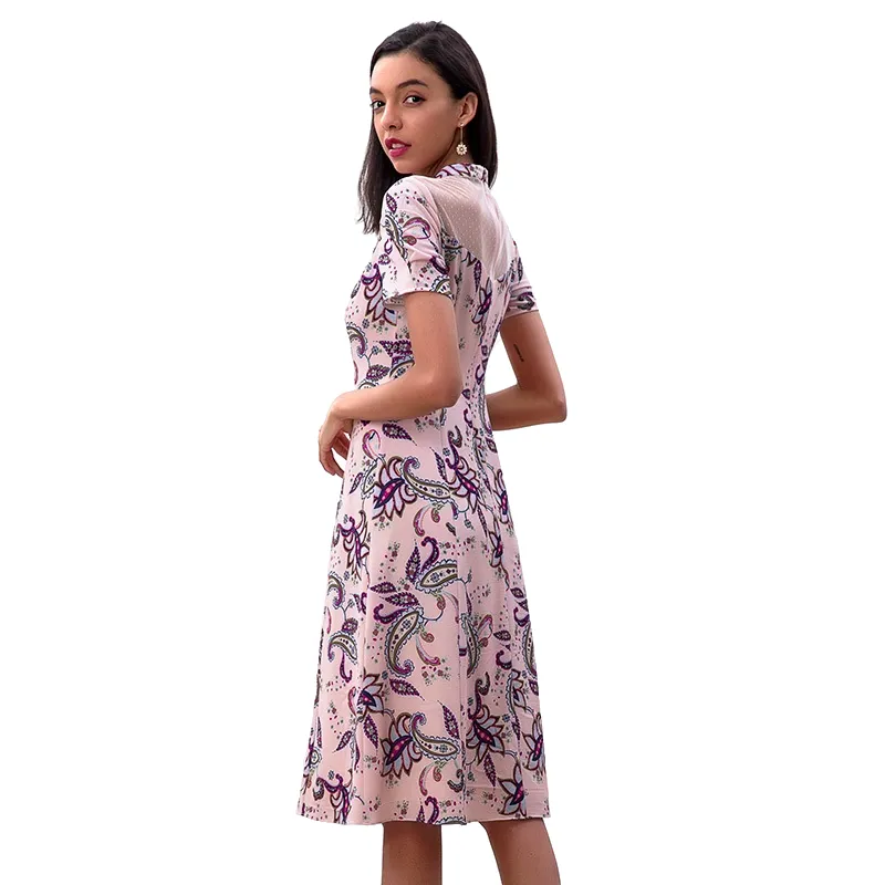 D222 Women paisley print rolled collar A-line day dress