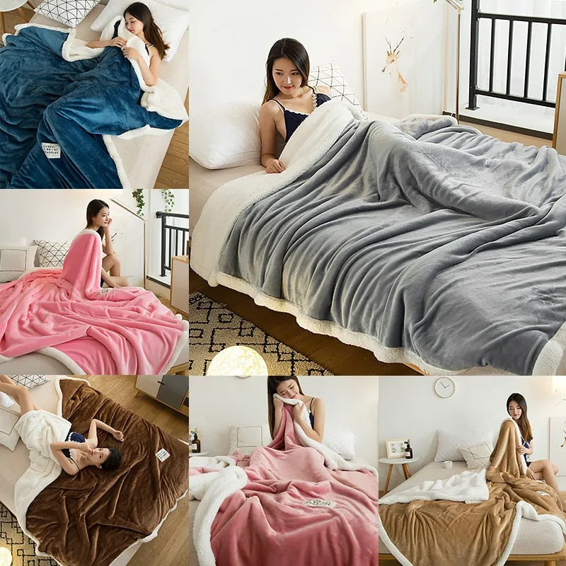 Double Lamb Cashmere Bed Sofa Warm Wool Blanket Winter Plush Flannel Blanket Sheet Bedspread Portable Travel Cover Blankets