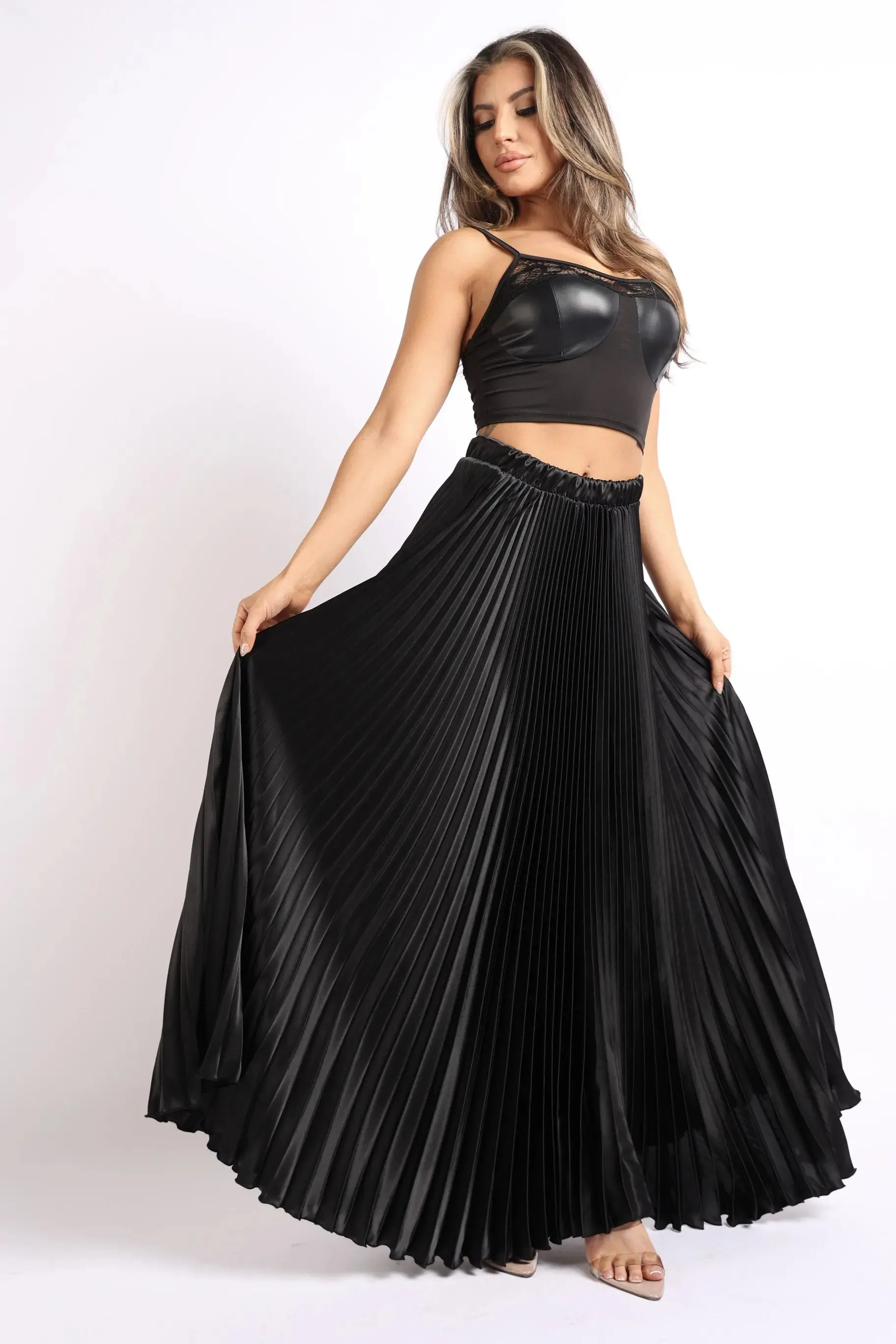 Elegant Black High Waist Pleated Satin Maxi Skirt for Formal Events