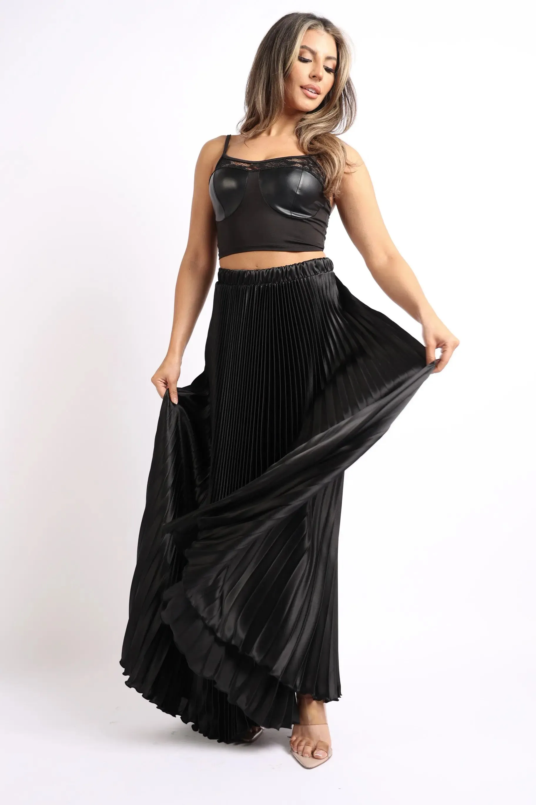 Elegant Black High Waist Pleated Satin Maxi Skirt for Formal Events
