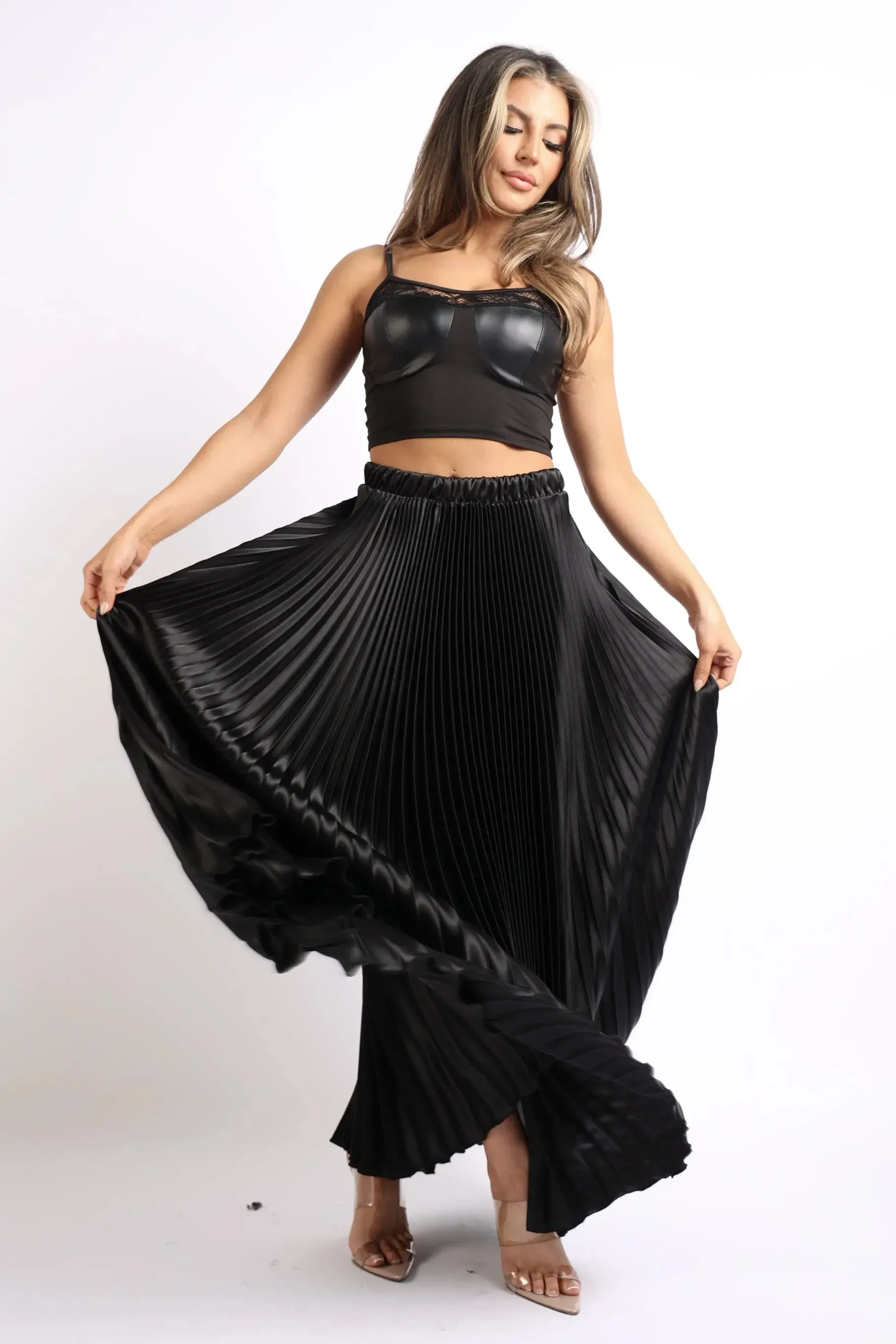 Elegant Black High Waist Pleated Satin Maxi Skirt for Formal Events