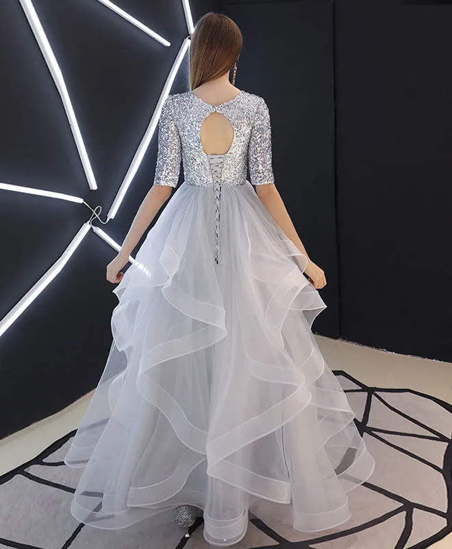 Gray Tulle Sequin Long Prom Dress, Gray Tulle Evening Dress