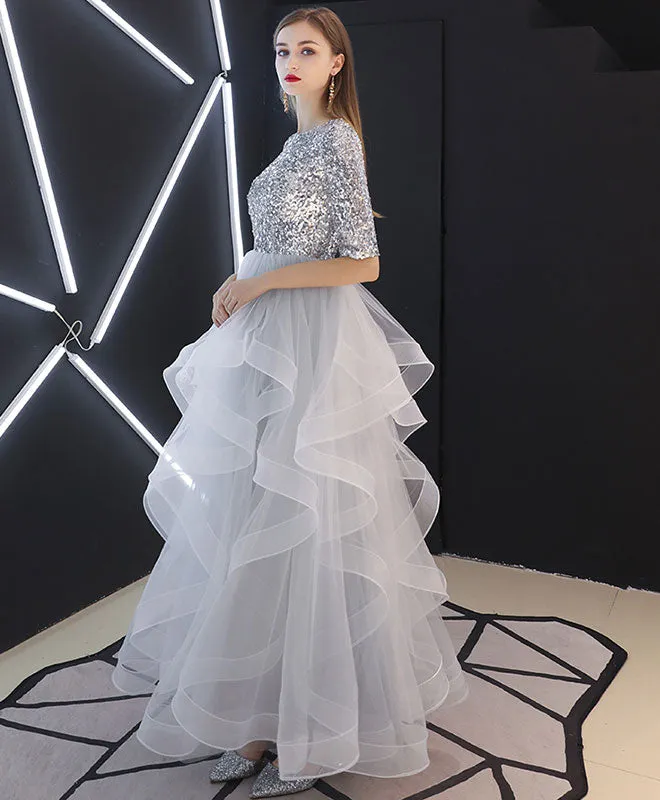 Gray Tulle Sequin Long Prom Dress, Gray Tulle Evening Dress