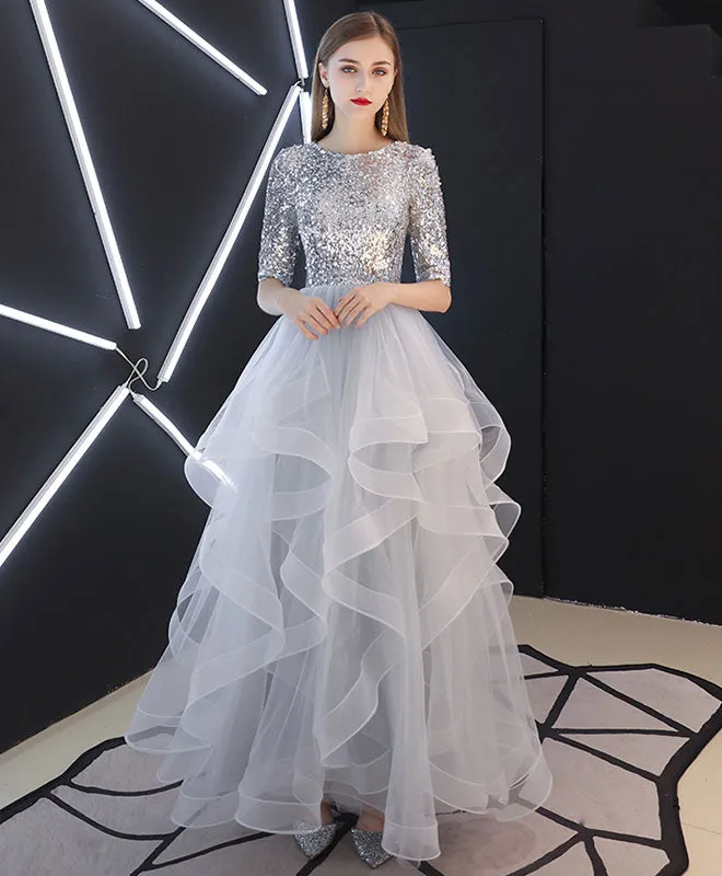 Gray Tulle Sequin Long Prom Dress, Gray Tulle Evening Dress