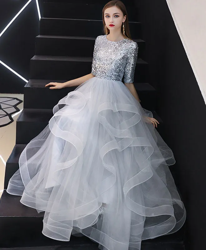 Gray Tulle Sequin Long Prom Dress, Gray Tulle Evening Dress