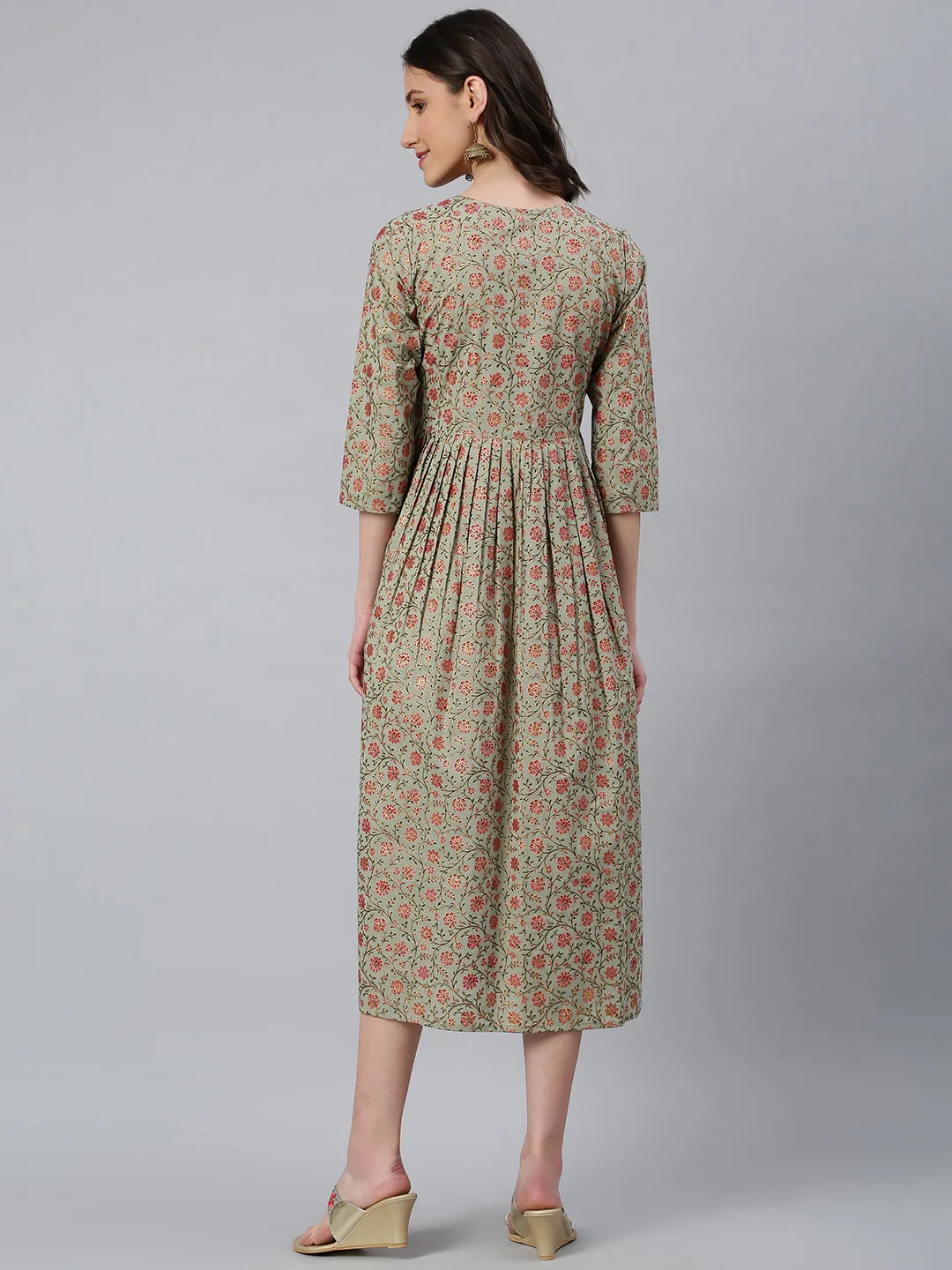 Idalia Sage Green Gold Floral Printed Dress