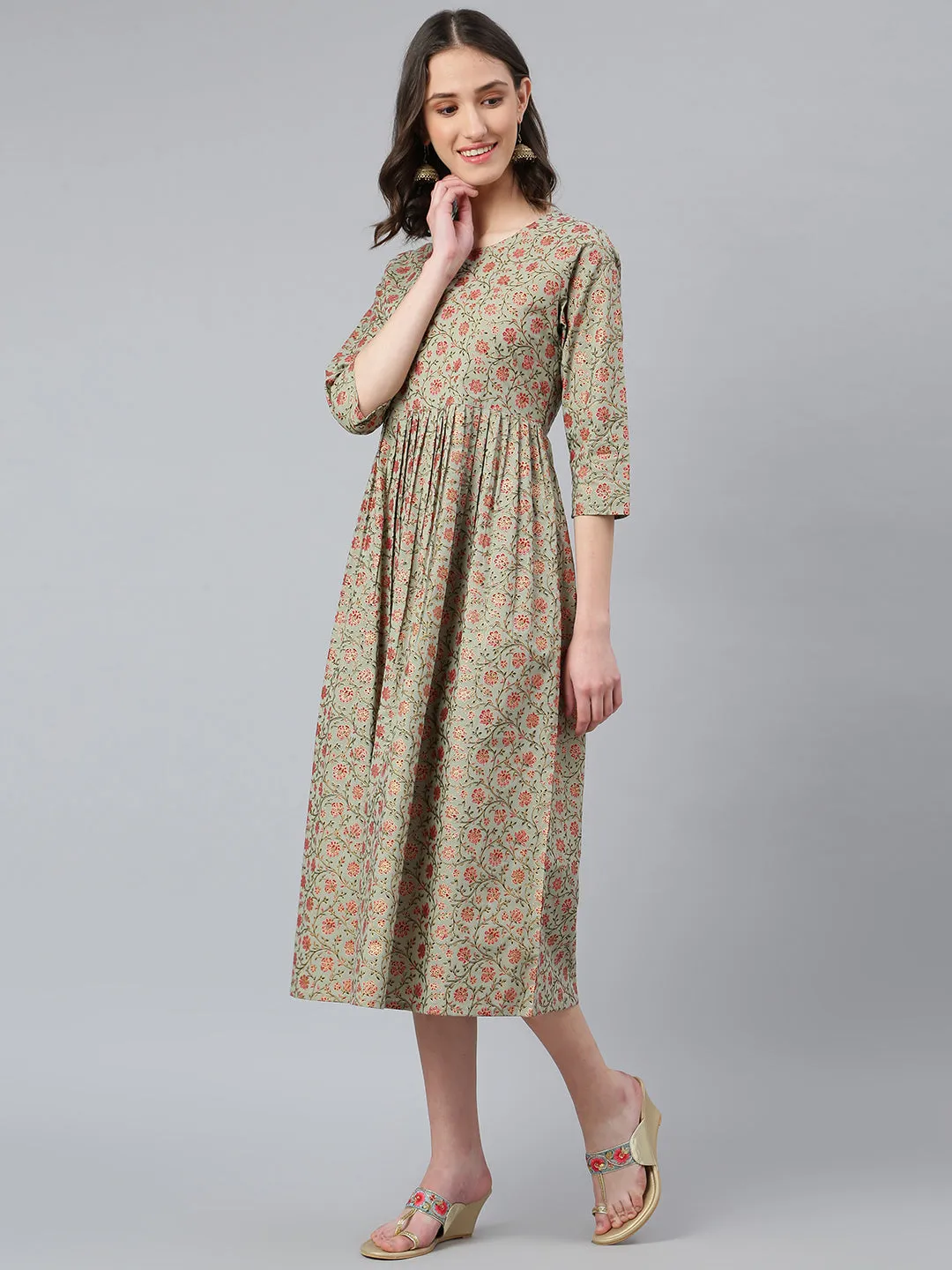 Idalia Sage Green Gold Floral Printed Dress