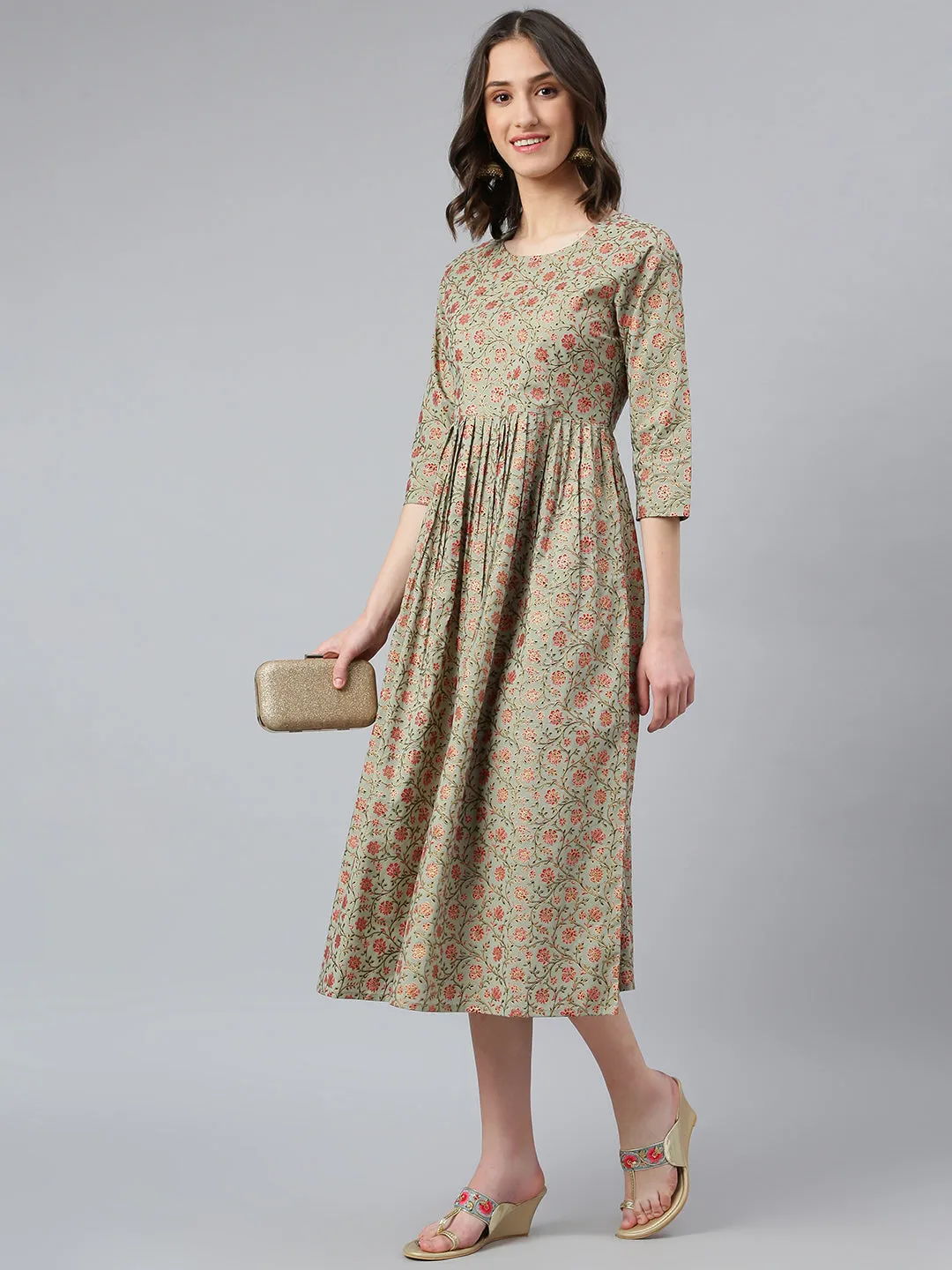 Idalia Sage Green Gold Floral Printed Dress