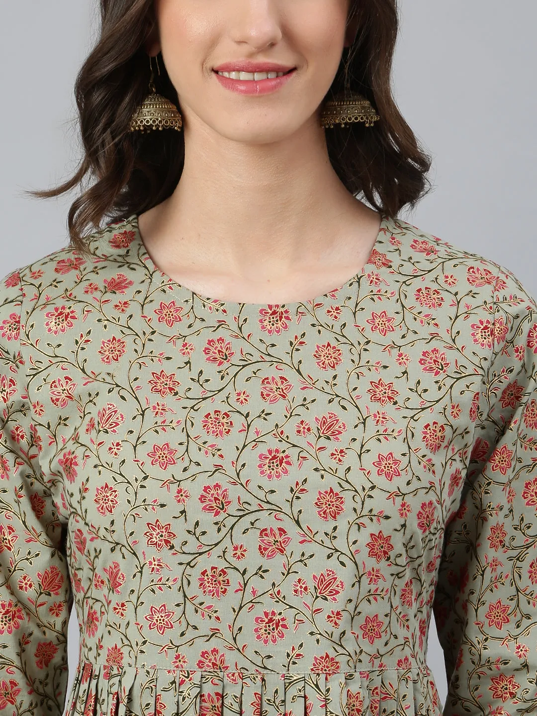 Idalia Sage Green Gold Floral Printed Dress