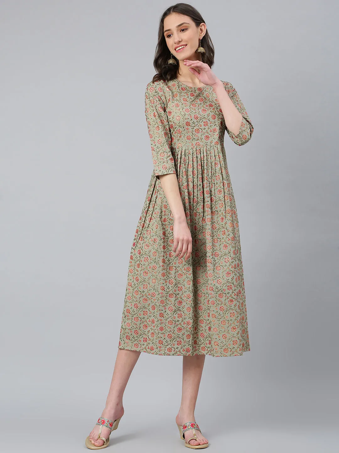 Idalia Sage Green Gold Floral Printed Dress