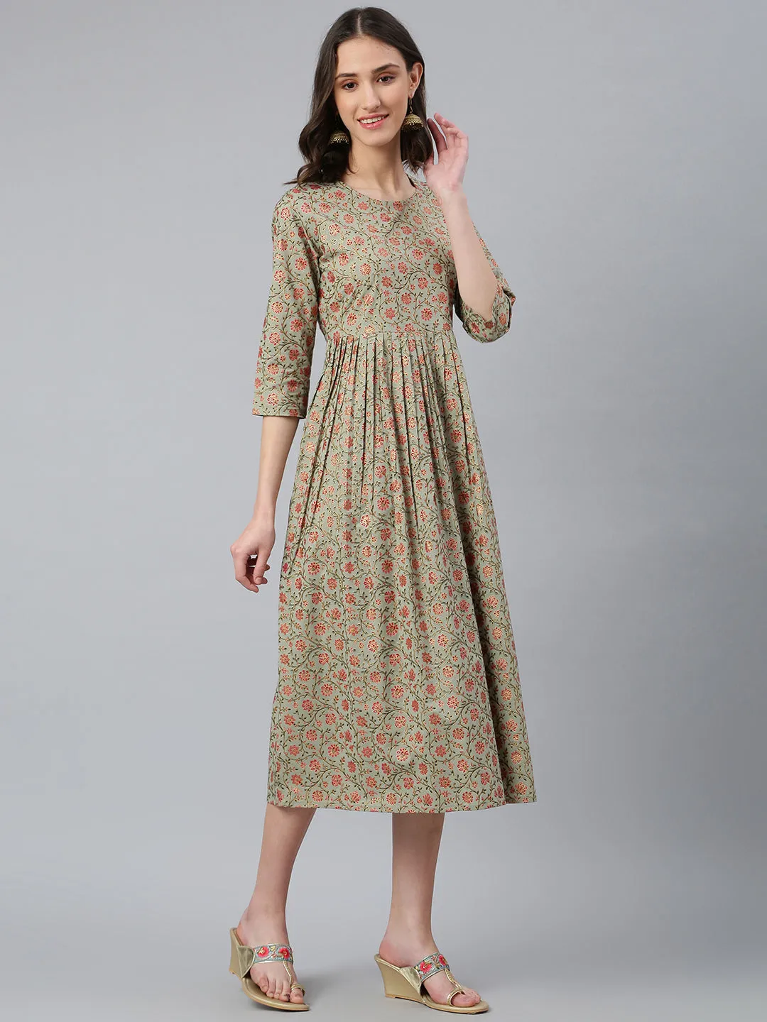 Idalia Sage Green Gold Floral Printed Dress