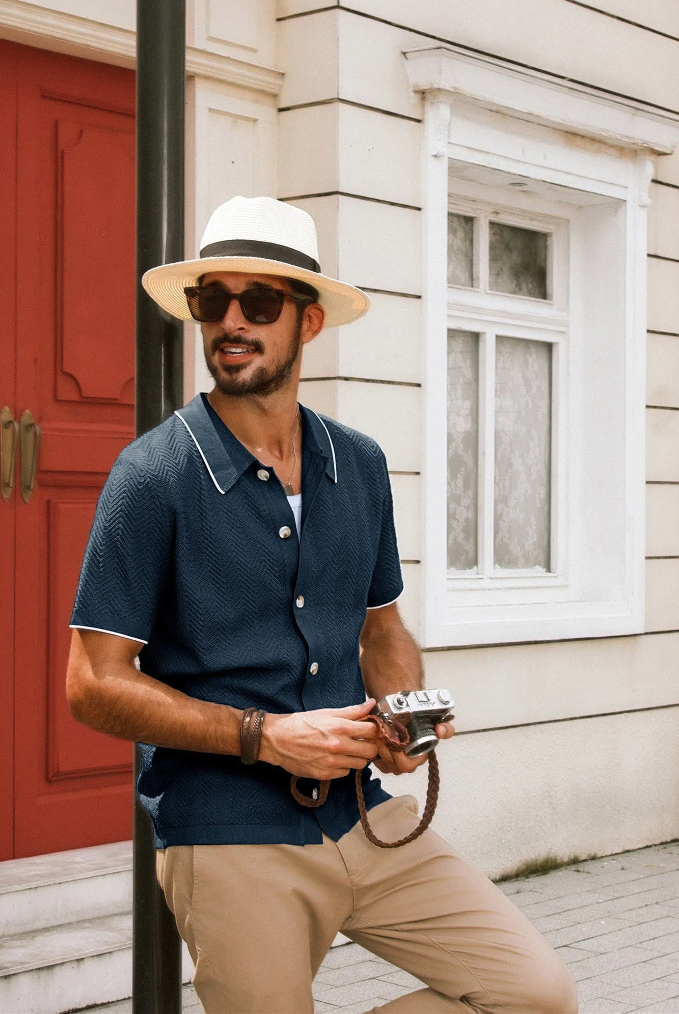 Men Textured Cardigan Short Sleeve Lapel Collar Button-up Sweater Knitwear
