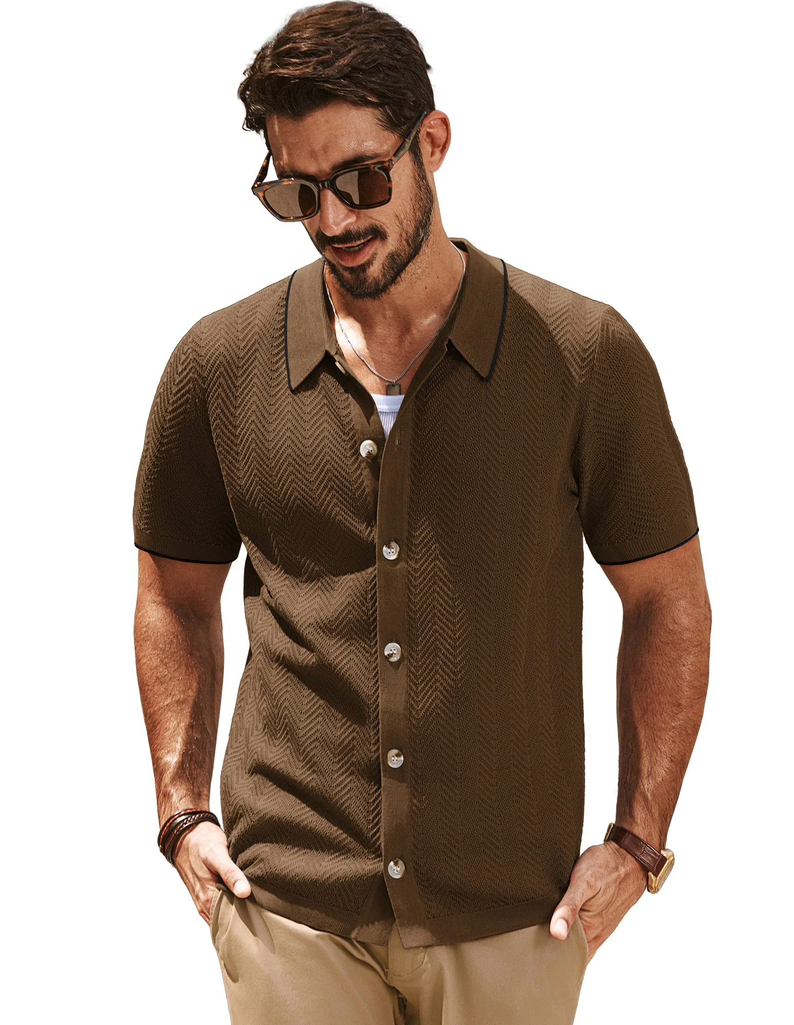 Men Textured Cardigan Short Sleeve Lapel Collar Button-up Sweater Knitwear