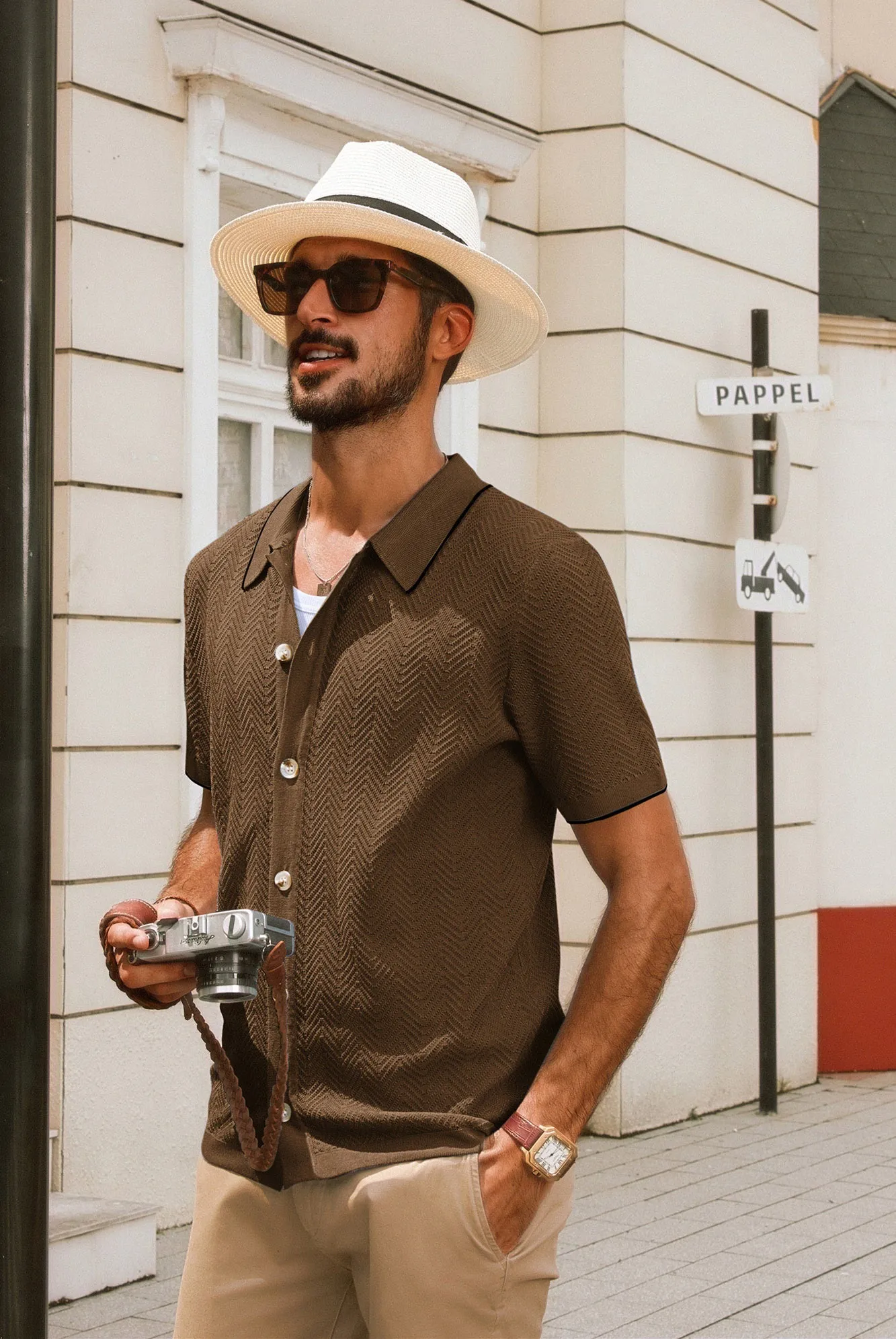 Men Textured Cardigan Short Sleeve Lapel Collar Button-up Sweater Knitwear