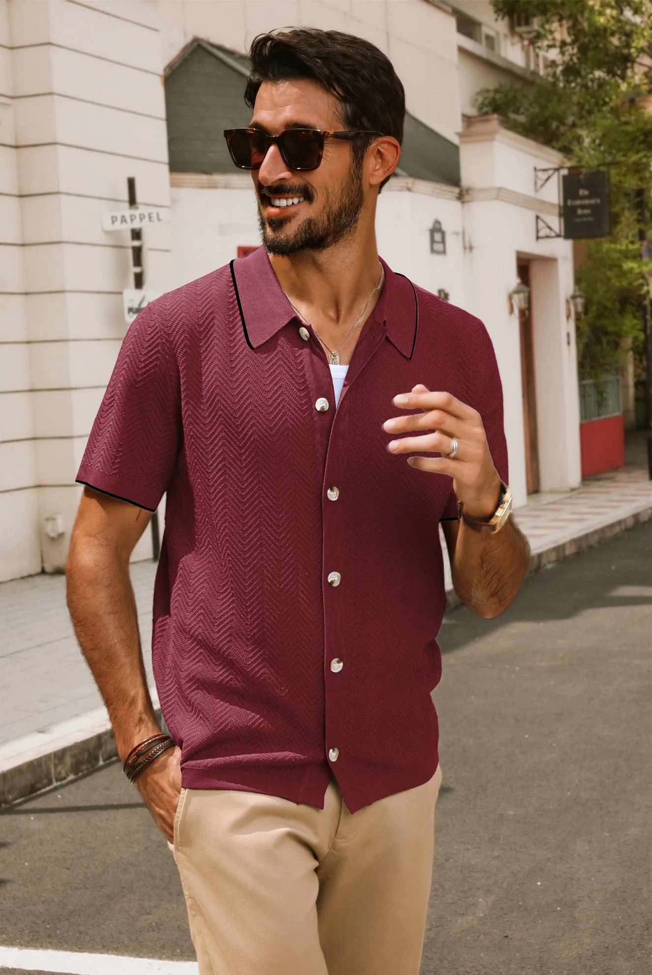 Men Textured Cardigan Short Sleeve Lapel Collar Button-up Sweater Knitwear