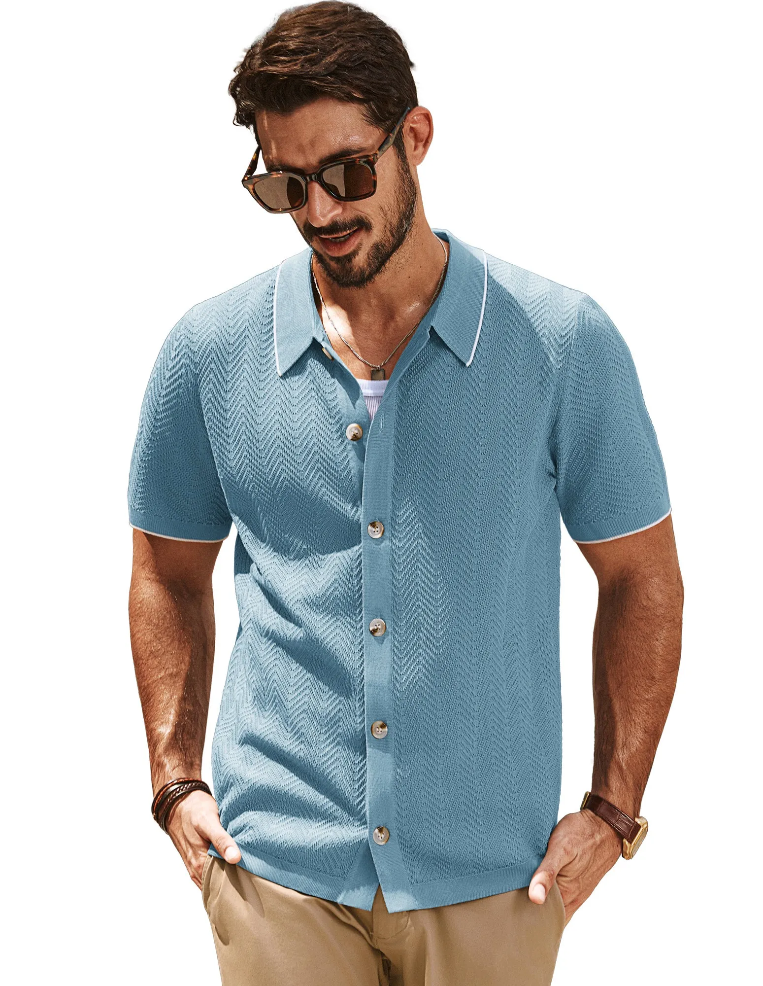 Men Textured Cardigan Short Sleeve Lapel Collar Button-up Sweater Knitwear