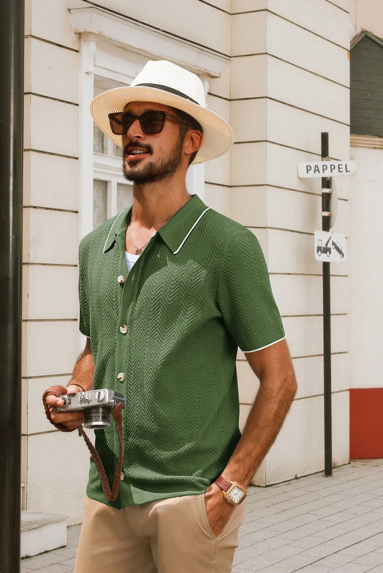 Men Textured Cardigan Short Sleeve Lapel Collar Button-up Sweater Knitwear