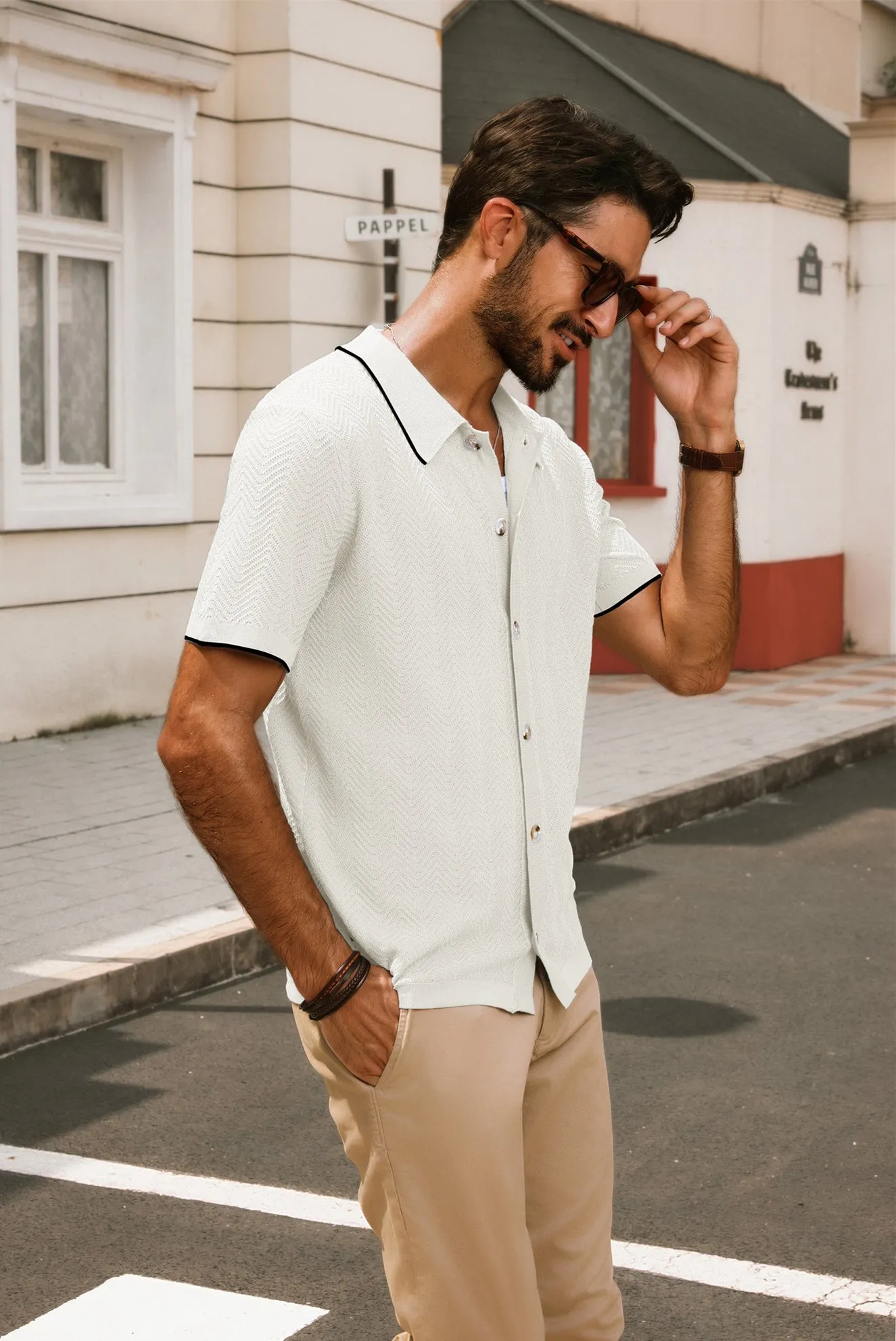 Men Textured Cardigan Short Sleeve Lapel Collar Button-up Sweater Knitwear