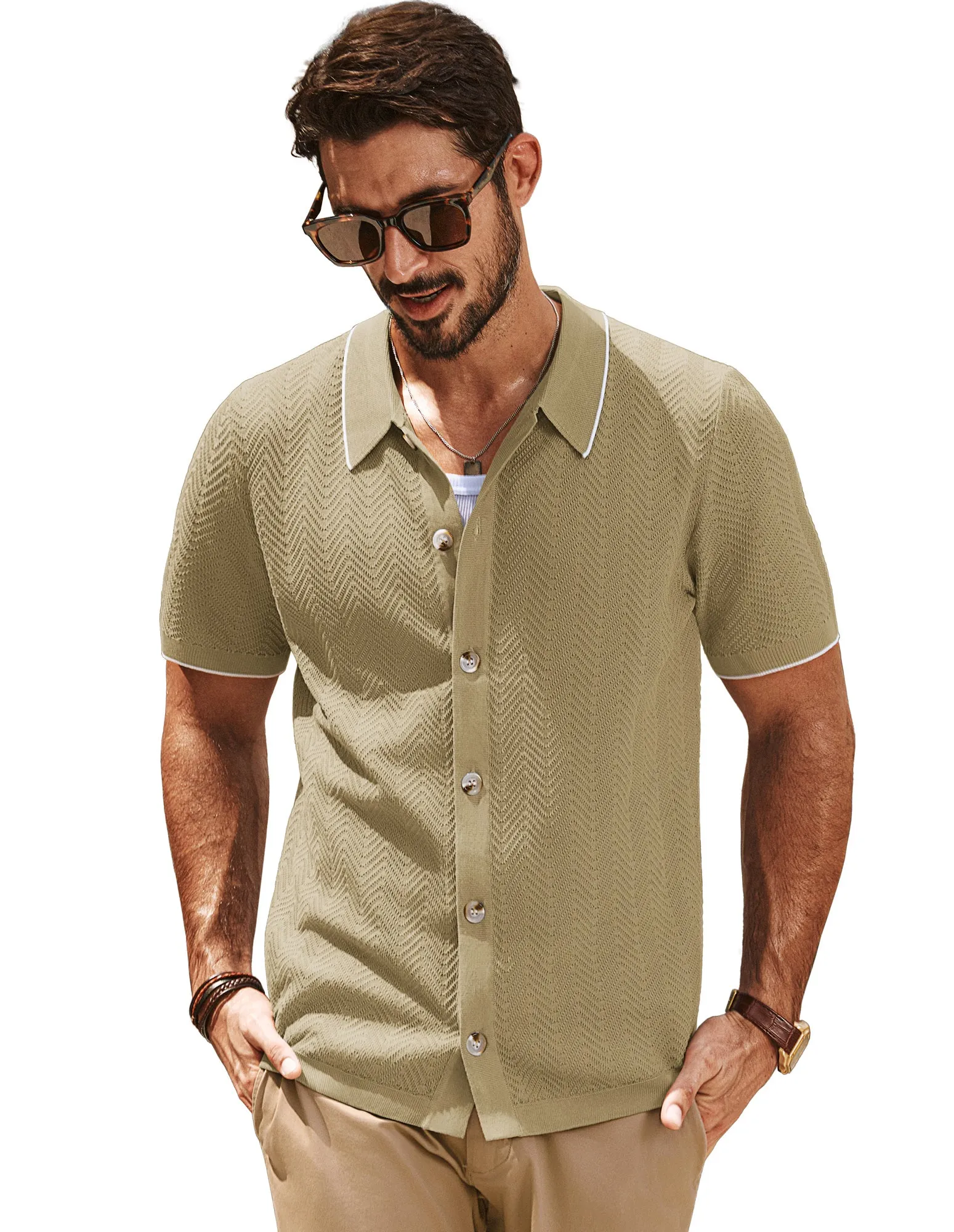 Men Textured Cardigan Short Sleeve Lapel Collar Button-up Sweater Knitwear