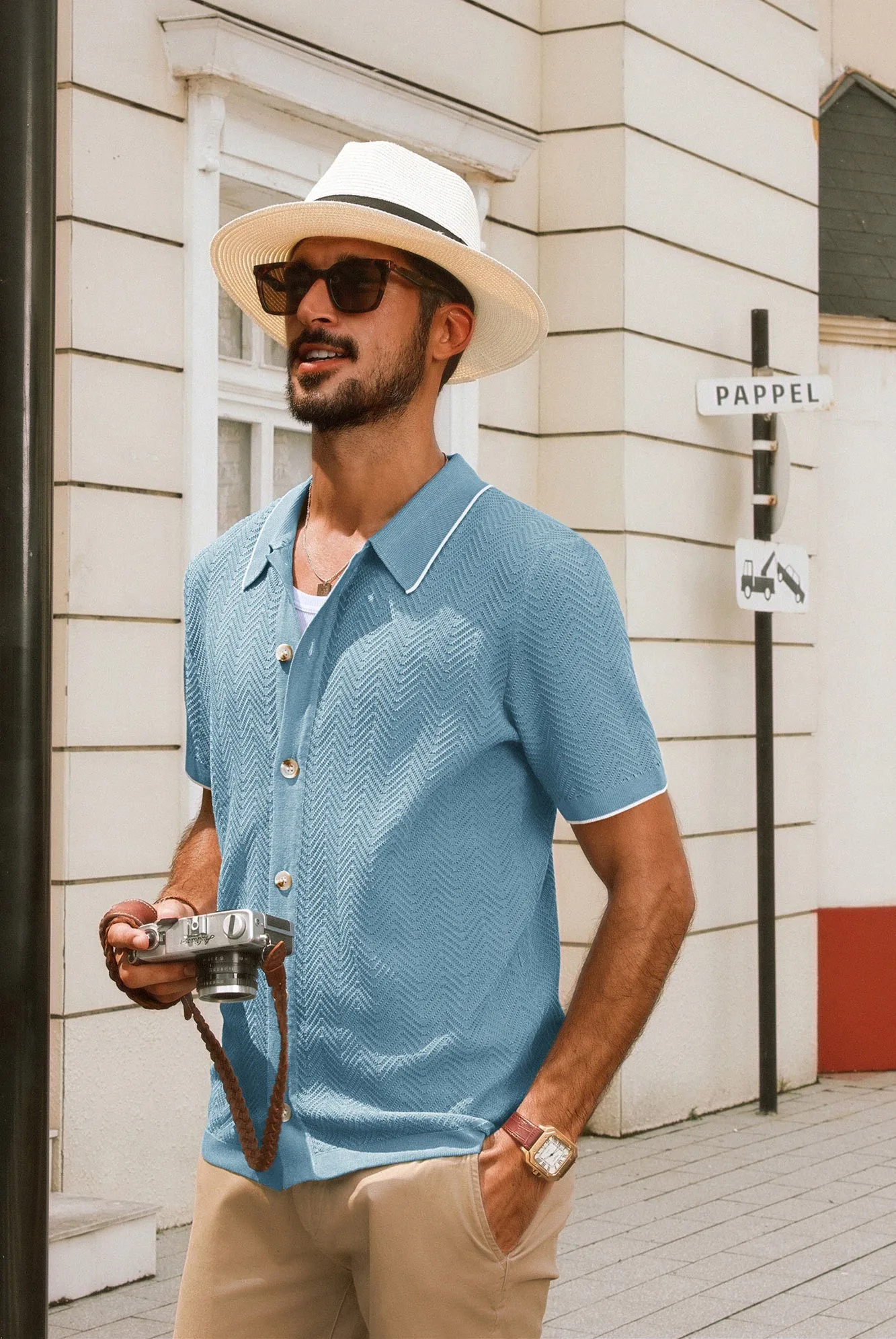 Men Textured Cardigan Short Sleeve Lapel Collar Button-up Sweater Knitwear