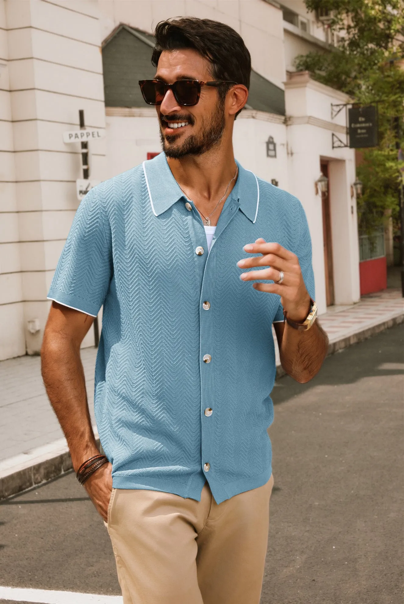 Men Textured Cardigan Short Sleeve Lapel Collar Button-up Sweater Knitwear