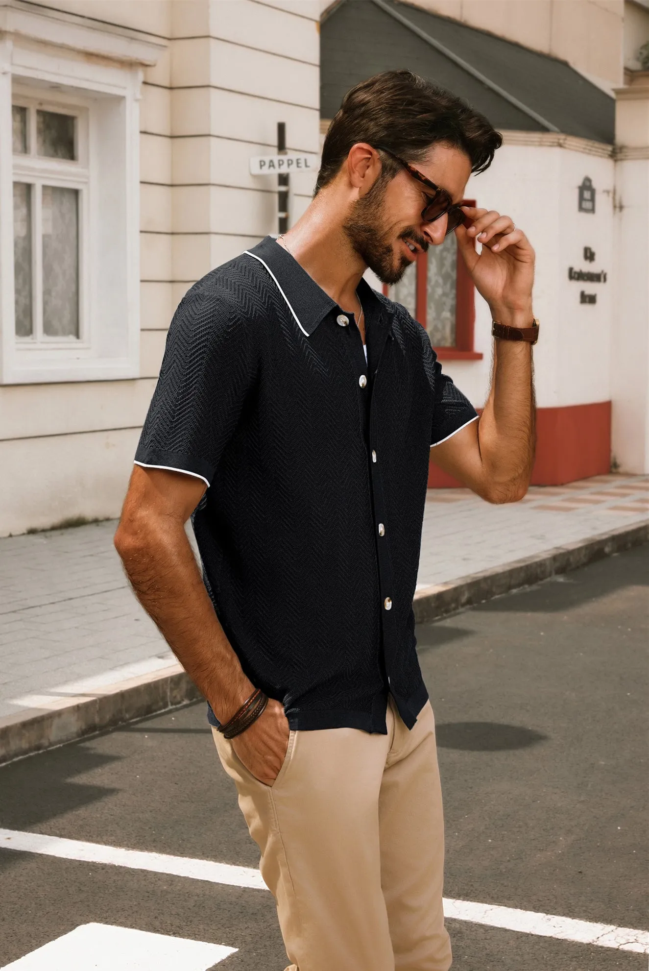 Men Textured Cardigan Short Sleeve Lapel Collar Button-up Sweater Knitwear