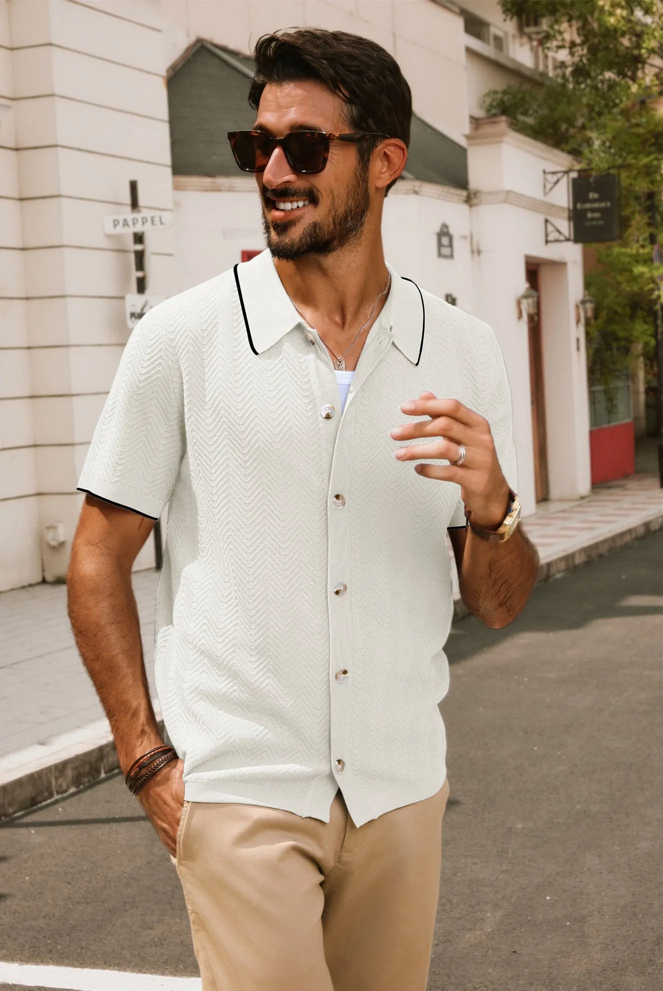 Men Textured Cardigan Short Sleeve Lapel Collar Button-up Sweater Knitwear